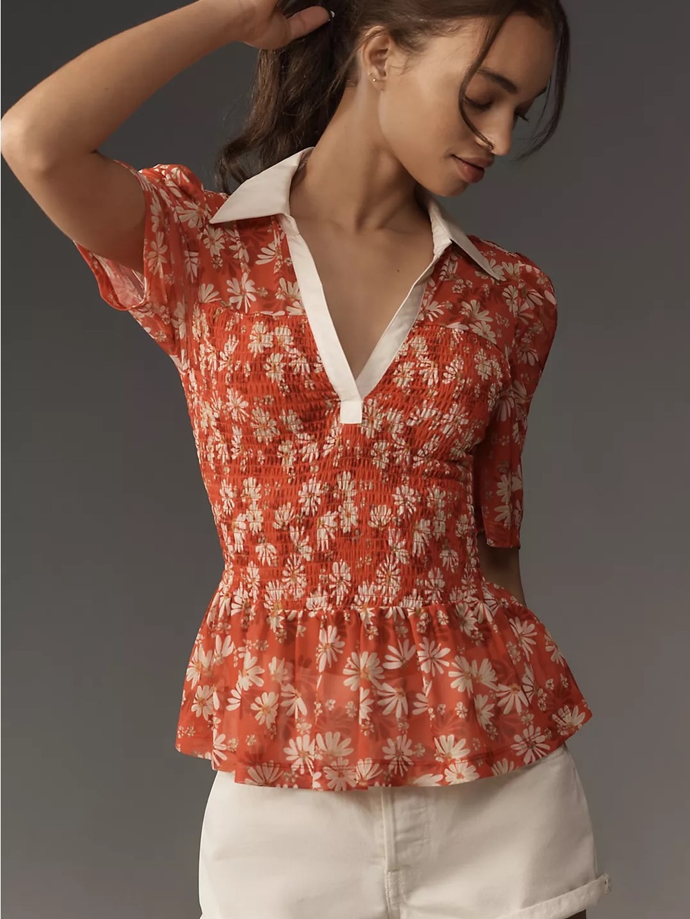Maeve Red Floral Smocked Peplum Top with White Collar
